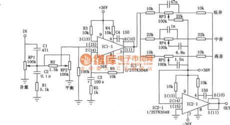 Three-step tone controller (STK3048) circuit