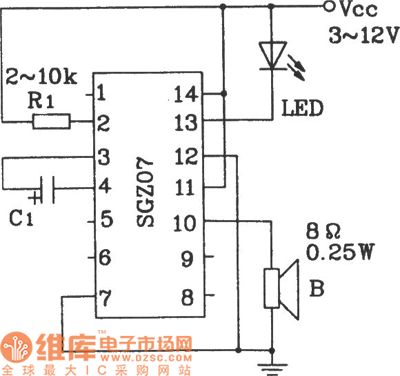 Single frequency sound and light source circuit diagram composed of SGZ07 sound and light alarm IC