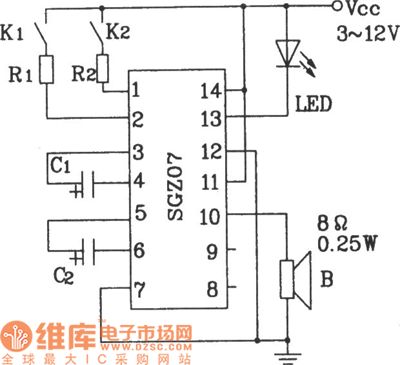 Control and alarm circuit diagram composed of SGZ07 sound and light alarm IC