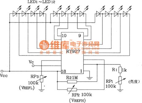 The typical application circuit diagram of RY927 multi-segment LED driver linear display