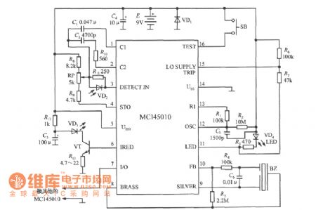 Smoke alarm circuit composed of MC145010 photoelectric smoke detection alarm integrated circuit