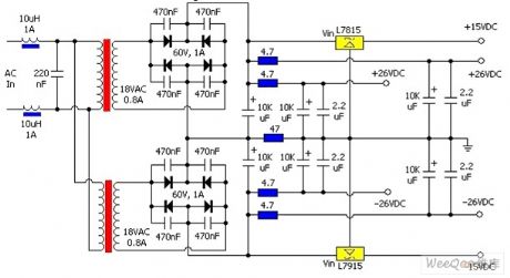 ± 15V and ± 26V output power supply circuit diagram