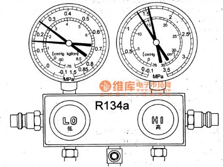 TOYOTA COASTER R134a special manifold pressure meter and its fast connected pipe joint circuit diagram