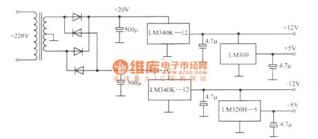 ±5V and ±l2V regulated power supply composed of LM340K-12, LM309, LM320-5