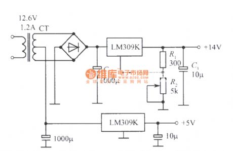 Double regulated power supply composed of LM309K