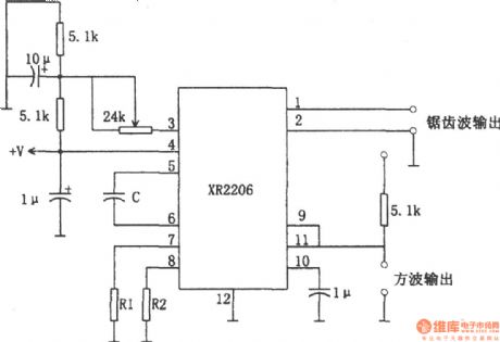 Square wave and sawtooth wave oscillator composed of XR2206