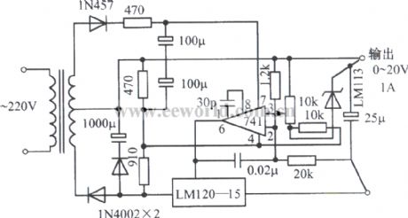0～20V、1A adjustable regulated power supply composed of LM120-15, Zener diode LM741