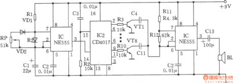 The audio oscillator composed of NE555 and CD4017