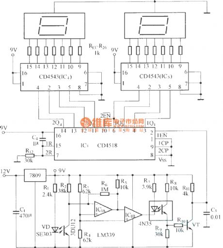 Digital displaying photoelectric counter circuit diagram