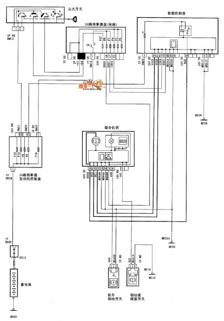 Saloon car brake fluid surface and parking braking indicator light circuit diagram