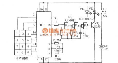 Pulse dialing nine-way infrared remote control circuit diagram (LR40992, μPC1373)
