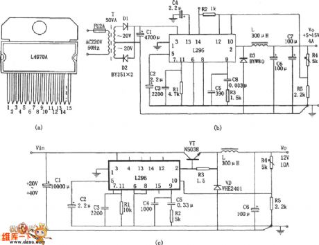 Regulated power supply circuit diagram composed of L296 monolithic high-current switching power supply chip