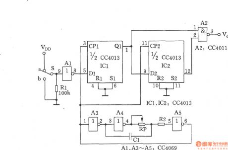 Single pulse generator composed of CC4013 and CC4069