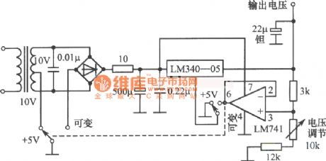 Constant and adjustable dual-use regulated power supply circuit composed of LM340-05