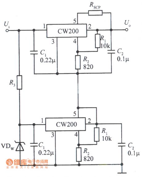 The integrated regulated power supply with superposition of two CW200 output voltage