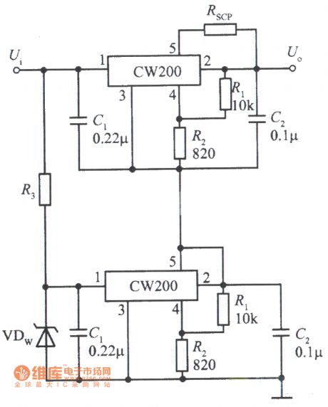 The integrated regulated power supply with superposition of two CW200 output voltage
