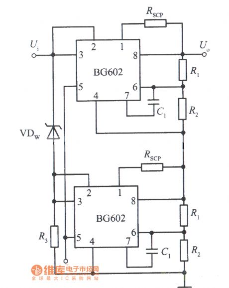 The integrated regulated power supply with superposition of two BG602 output voltage