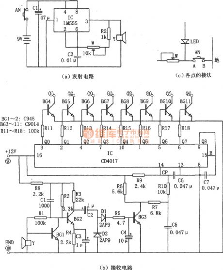 Simple Additional Remote Control Circuit(LM555、CD4017) of Color TV