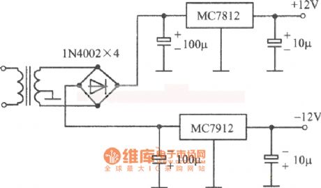 ± 12V regulated power supply circuit diagram composed of MC7812, MC7912MC