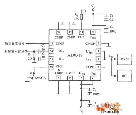 Monolithic RF Power Measurement System AD8318 Typical Application Circuit