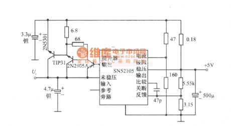 5V, 10A regulated power supply circuit diagram composed of SN52105 IC regulator
