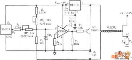 4～20mA temperature transmitter circuit diagram composed of TMP35