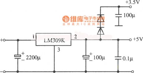 5V, 1A regulated power supply circuit diagram composed of LM309K integrated regulator