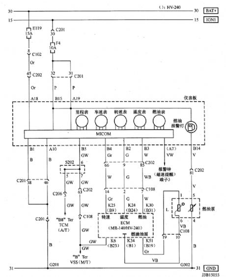 Buick Excelle 1.6L car thermometer, fuel gauge, odometer speedometer and fuel warning light circuit diagram