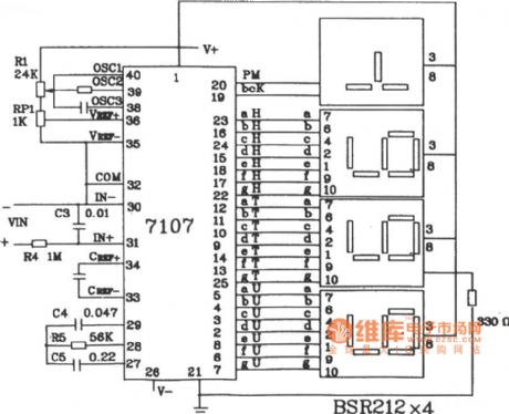 The 200mV digital voltmeter circuit diagram composed of ICL7107