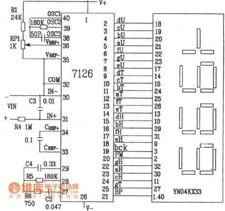 Digital voltmeter circuit diagram composed of ICL7126 3 1 / 2 dual integrating A / D converter