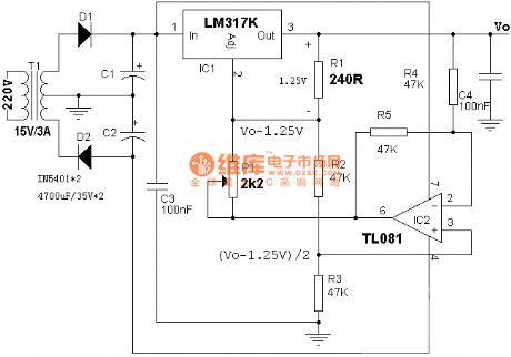 The construction circuit diagram of 0-12V/3A power supply