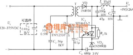 5V、0.26A TV standby power supply circuit composed of TNY253P