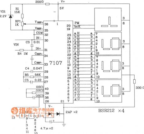 Digital voltmeter circuit diagram with single + 5V power supply composed of ICL7107