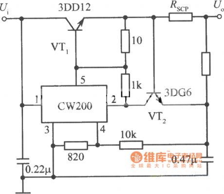 CW200 IC regulator circuit diagram with NPN power transistor extending flowing