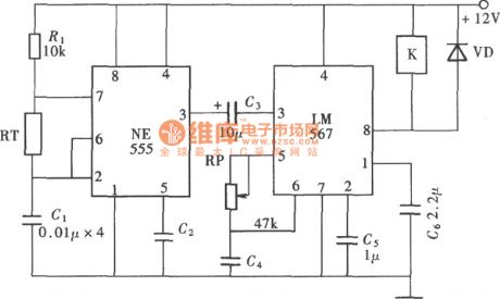 Temperature-frequency conversion temperature controller circuit composed of NE555 and LM567