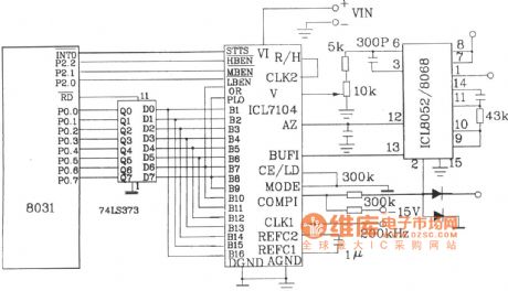 Interface circuit diagram between 8031 SCM and ICL7104 16-bit integrating A / D converter