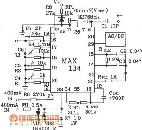 Digital multimeter circuit diagram composed of 8031 SCM and MAXl34