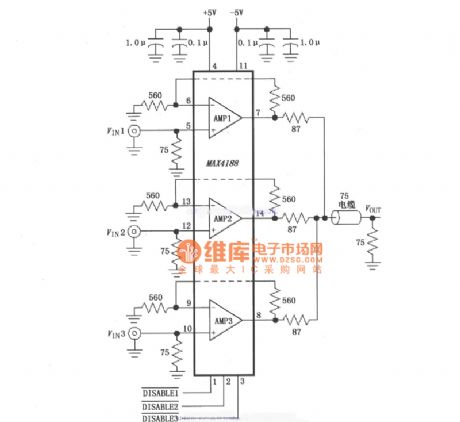 High-speed 3:1 video multiplexer (MAX4188) circuit diagram