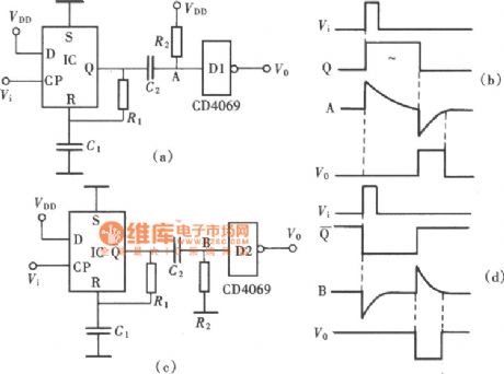 Positive and negative pulse delay circuit compoed of CD4013