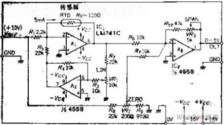 simplified  resistance temperature circuit that improving the linear by using positive feedback