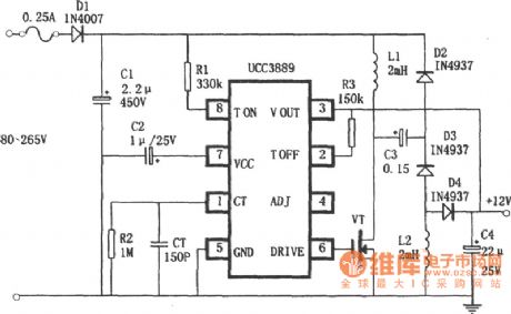 Non-isolated 12V DC power supply circuit diagram composed of UCC3889