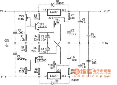 0 ~ ± 30V, 1.5A power supply circuit diagram composed of LM317