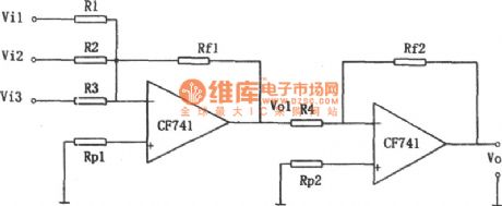 Input and output in-phase addition circuit composed of CF741