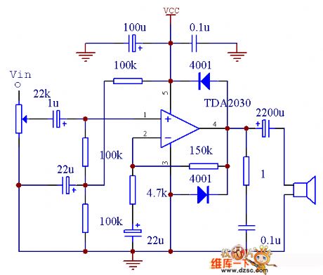 TDA2030 amplifier circuit single-supply connection method circuit