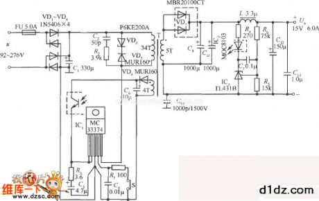 The 90W, 15V, 6A switching voltage stabilization power supply circuit