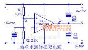 The single power changing into dual power circuit diagram by TDA2030