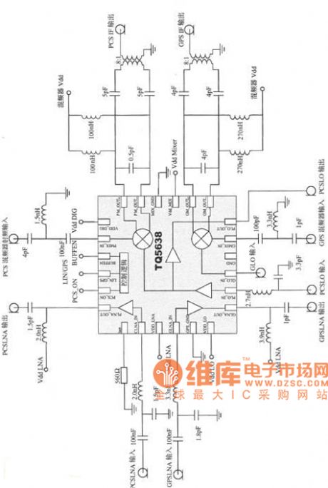 The frequency converter circuit diagram based on TQ5638 GPS receiver