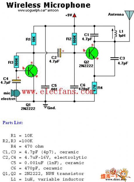 2N2222 wireless microphone circuit