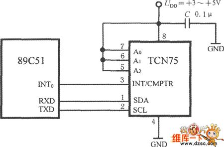 Two-Wire Serial Interface Smart Temperature Sensor TCN75 And 89C51 MCU Interface Circuit