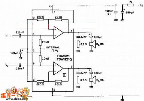TDA1521 single power supply supplying application circuit